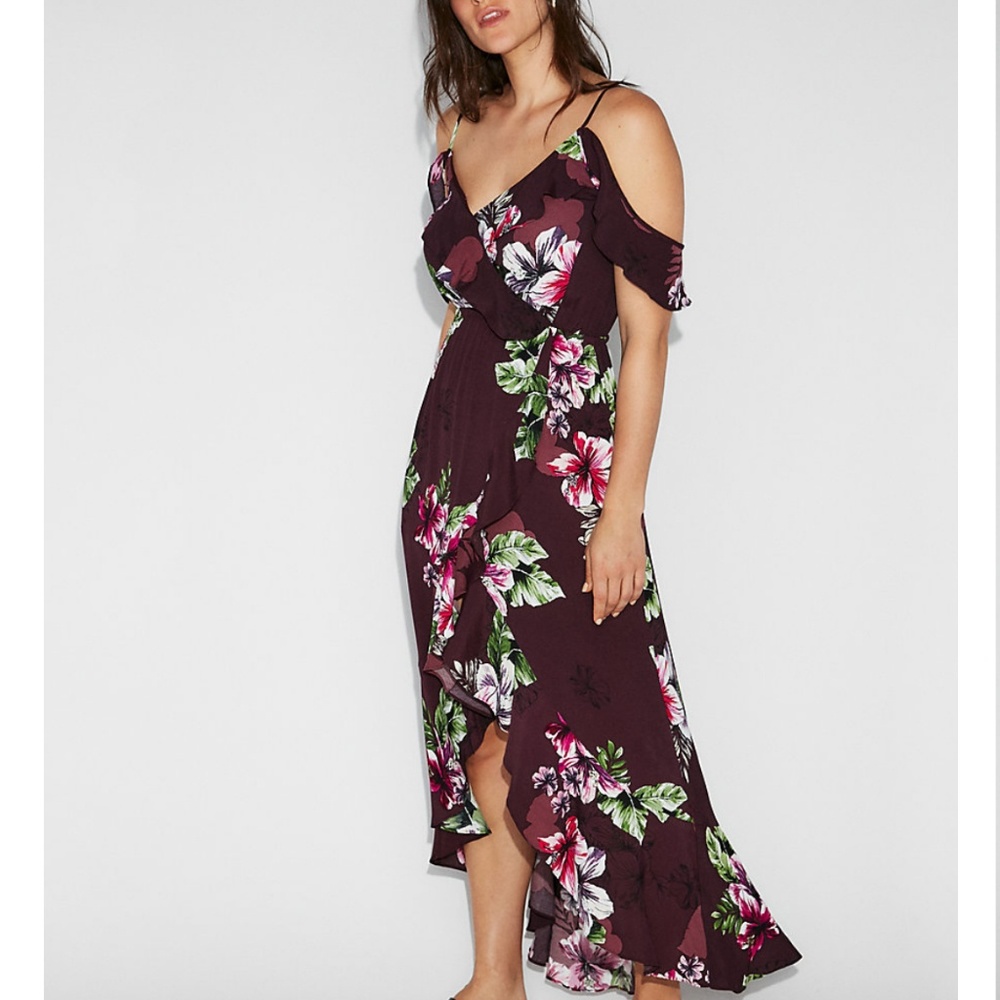 Express Floral Ruffle Cold Shoulder Maxi Dress